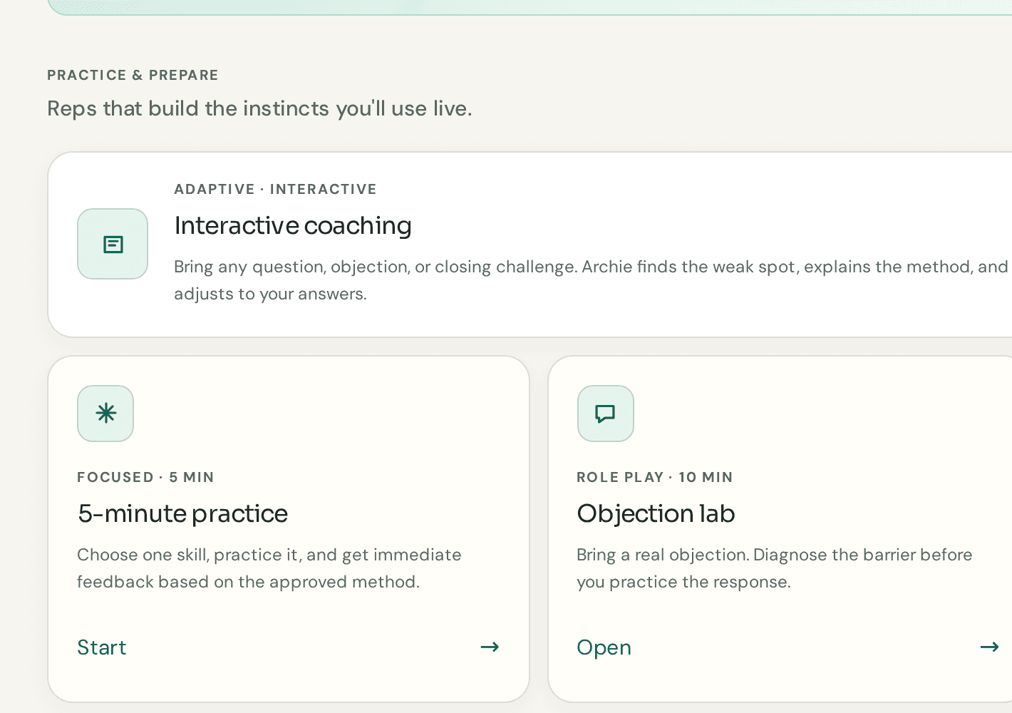 Archie private practice workspace with demo coaching options