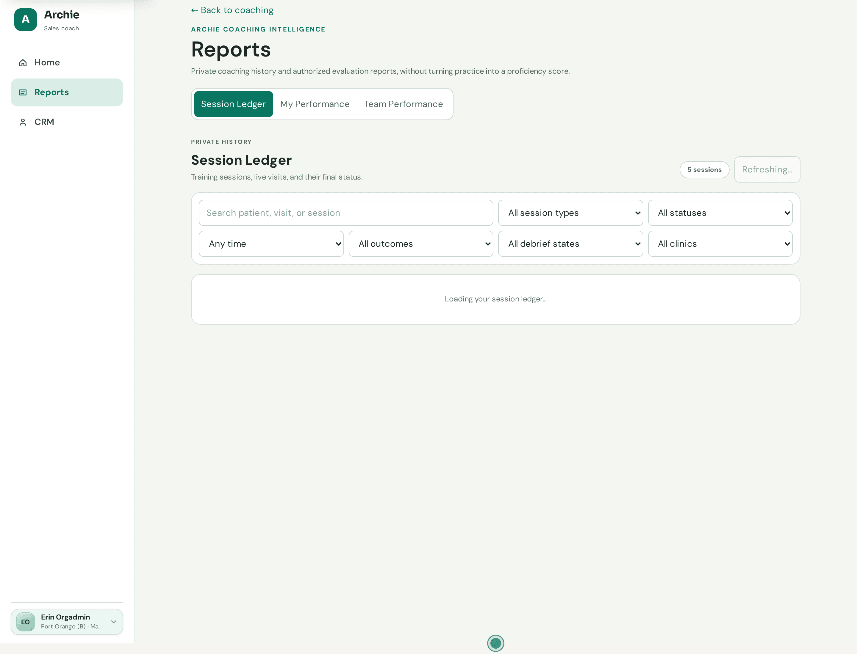 Archie reports showing coaching history and authorized evaluation records with demo data