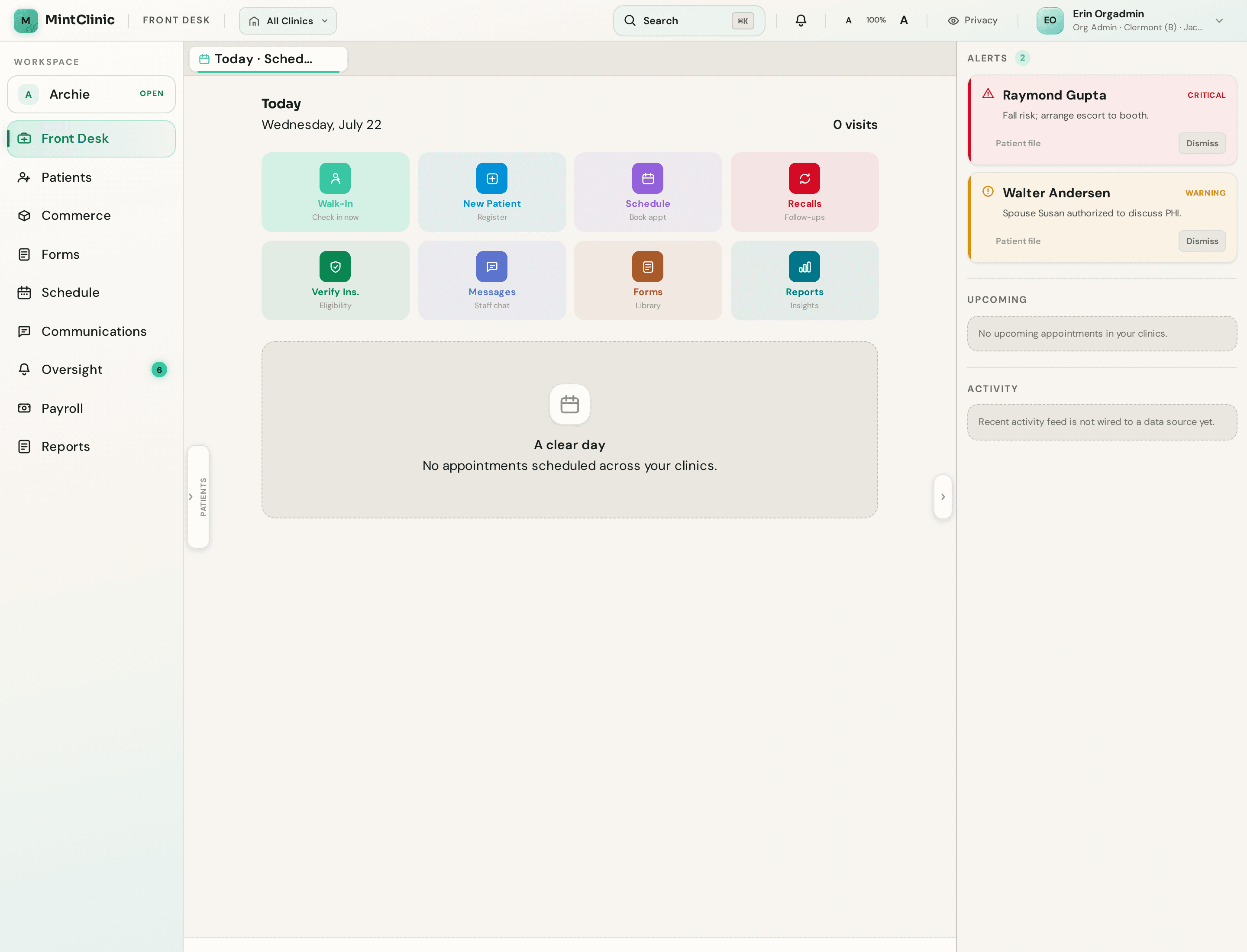 MintClinic CRM front desk cockpit showing scheduling, patients, reports, and clinic alerts with demo data